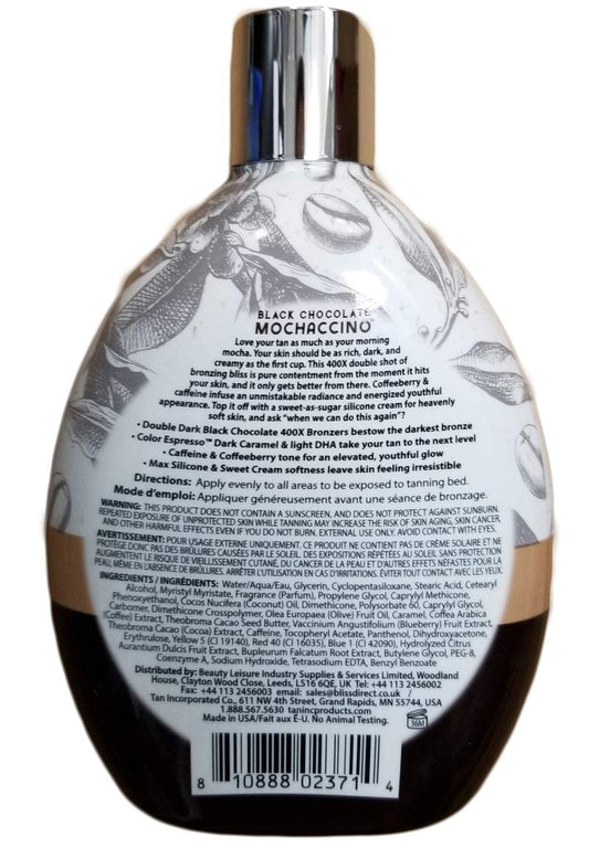 Brown Sugar Black Chocolate Double Dark Mochaccino 400X Bronzer โ Ultra-Rich Tanning Lotion with Skin Softeners & Color Enhancers, 13.5 oz Bottle