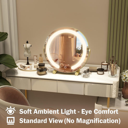 ROLOVE Aesthetic Gold Vanity Mirror with Soft Lights, 12 Inch Standard 1X View, 3-Color Dimmable Tabletop Mirror for Bedroom Decor, 360ยฐ Rotation Ambient Light up Mirror