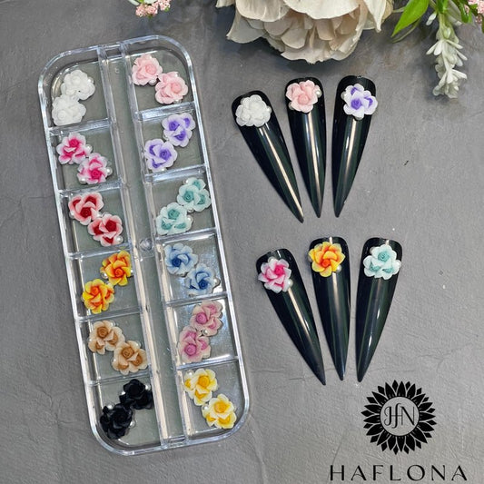 HaFloNa 3D Rose Acrylic Flowers Charms Handmade by Acrylic Powder - Short & Medium Size Set 24 Pcs 3D Flower Nails Art | Exquisite Floral Accents for Crafts and Designs Salo Deco (3 Roses)