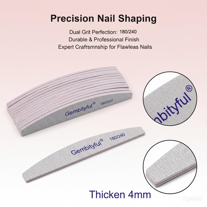 25 Pcs Thick Nail File 180/240 Grit Semicircle Shape, Emery Boards Nail File for Natural Nails and Acrylic Nails, Double Sided Boards Profesional for Home and Salon
