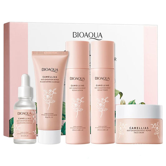 BIOAQUA Camellias Anti-Oxidation Moist Repair Toner Essence Face Cream Cleanser Lotion Camelia Flower Extract Serum Nourishing Emollient Moisturizing Skin Gift Box 100ml+30ml+50g+80g+100ml 5PCS Set