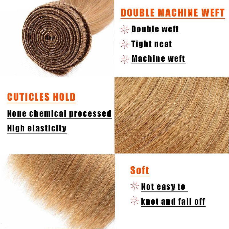Honey Blonde Human Hair Bundles 14 16 18 Inch Straight Bundles Human Hair Unprocessed Native Virgin Hair 100/PC 3 Extensions #27 Blonde Color Wet and Wavy Human Hair Extensions for Women