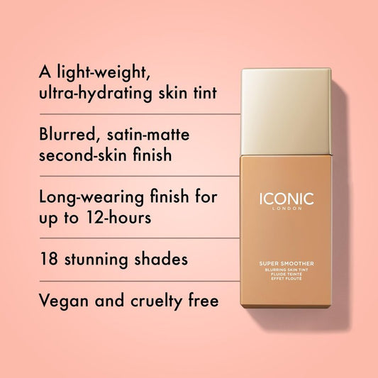 ICONIC LONDON Super Smoother Blurring Skin Tint | Light to Medium Coverage, Hydrating, Ultra-Lightweight Tinted Moisturizer, Cruelty-Free, Vegan Makeup (Warm Medium) 1.01 Fl oz