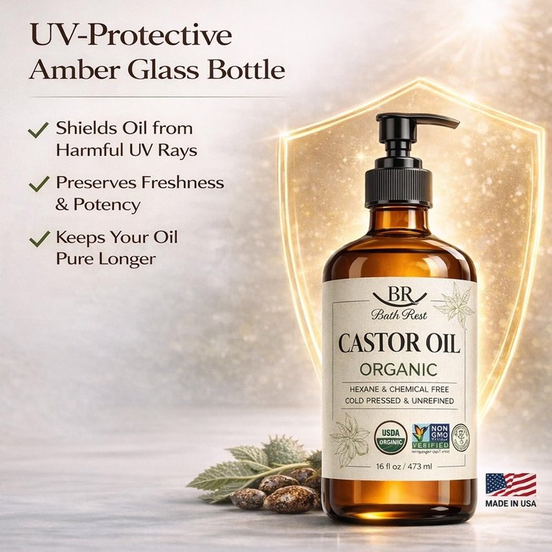 Bathrest Castor Oil Organic Cold Pressed Unrefined Glass Bottle 100% Pure for Hair Growth Eyelashes Brows Castor Oil Packs, Natural Skin Moisturizer, USDA Certified Hexane Free Vegan 16 oz (473ml)