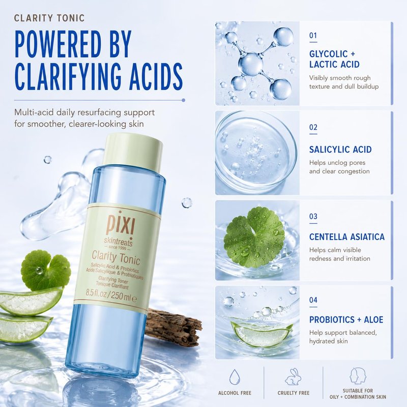 Pixi Beauty Clarity Tonic, AHA & BHA Toner | Minimize Pores, Promote A Clearer, Healthier Complexion, 250 ml