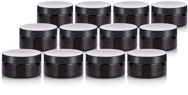 (12 Pack) 8 oz Black PET Plastic Low Profile Jar With Lid for Storage Refillable