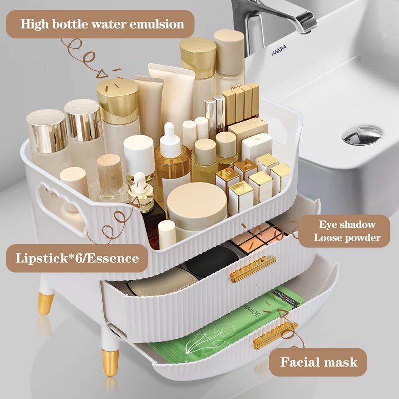 Makeup Organizer with Drawers,Skincare Plastic Storage for Vanity,Large Cosmetic Display case for Dresser with Handle,Large Capacity Bathroom Countertop,Dressing table, Bathroom, Bedroom, Living room
