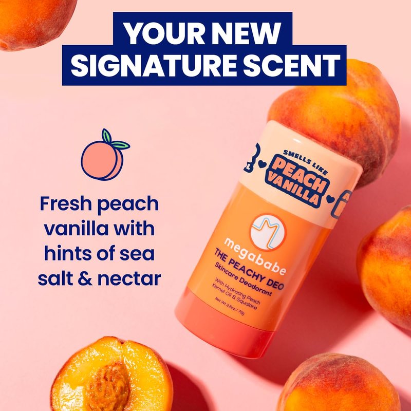 Megababe Skincare Deodorant - The Peachy Deo with 72 hour Odor Protection | Summer and Hot Weather Essential | Hydrating Peach Kernel Oil & Squalane | Aluminum-Free, All Natural | 2.6 oz