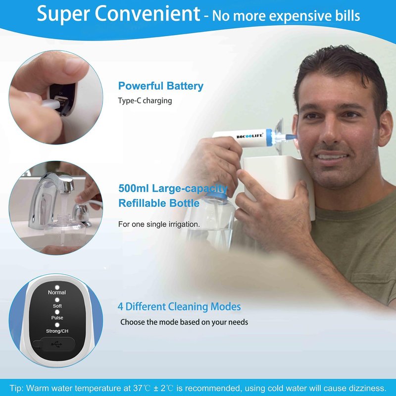 BOCOOLIFE Electric Ear Wax Removal Kit – Water Flushing Irrigation System Ears Flush Cleaner Powered with 4 Pressure Settings, Safe & Effective Ear Cleaning Kit, Includes 30 Tips, Basin