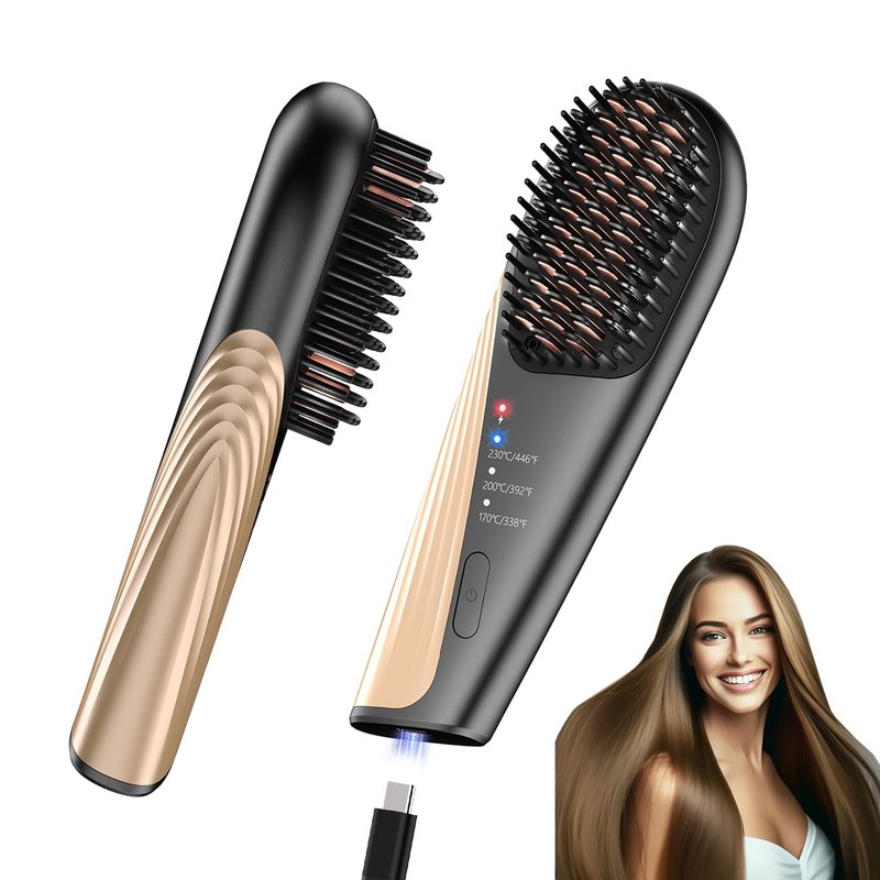 Go Brush Pro Cordless Hair Straightener Brush - Portable Travel-Friendly, 30s Quick Heat, 10000mAh USB-C Rechargeable, 150M Negative Ions (Strai-Grey)