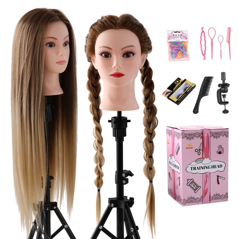 Mannequin Head with Hair, Mannequin Cosmetology Manikin Practice Doll Head for hair styling Braiding Hairdressing Head with Table Clamp + DIY Hair Styling Set