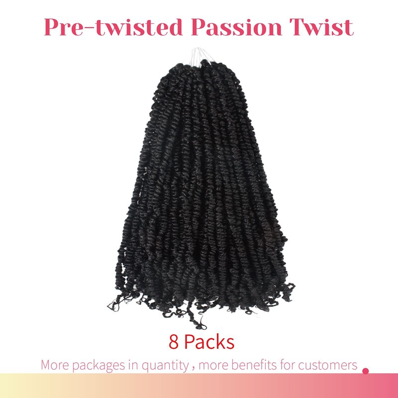 BOHOBABE Pre-twisted Passion Twist Crochet Hair 16 Inch Pre-looped Crochet Passion Twist Braiding Hair 8 Packs Soft Black Bohemian Twists (1B)