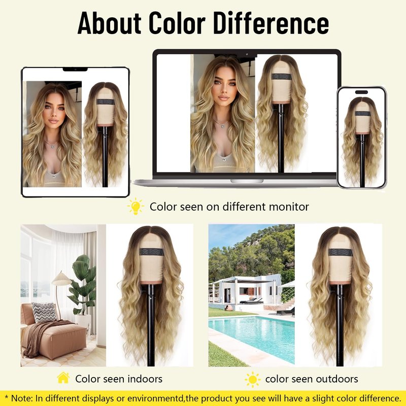 AISI HAIR Blonde Wig for Women, Long Wavy Lace Hairline Blond Synthetic Middle Part Ombre Blonde Wigs for Daily Party-26 Inch