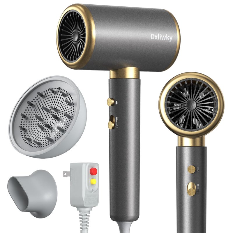 Dxliwky Ionic Hair Dryer with Diffuser and Concentrator, Powerful 1875W Fast-Drying Blow Dryer, Constant Temperature, Compact Lightweight Hair Dryer for Home Salon Travel (Silvery)