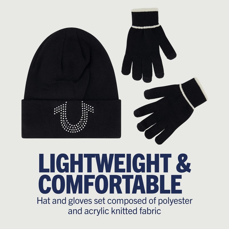 True Religion Beanie Hat and Touchscreen Glove Set, Cuffed Winter Knit Cap with Rhinestone Logo and Touch Screen Mittens, Black, One Size