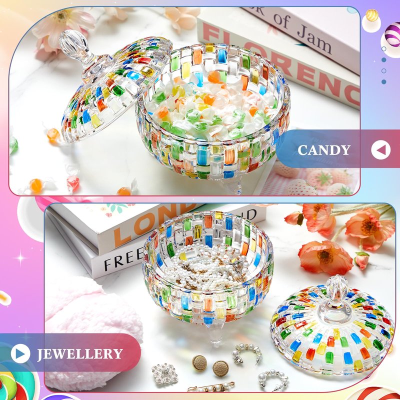 Tioncy 2 Pcs Extra Large Dusting Powder Puff and Container for Women-6'' Glass Crystal Dusting Powder Container with Body Soft Washable Reusable Velour Face(Multicolor,Weave Design)