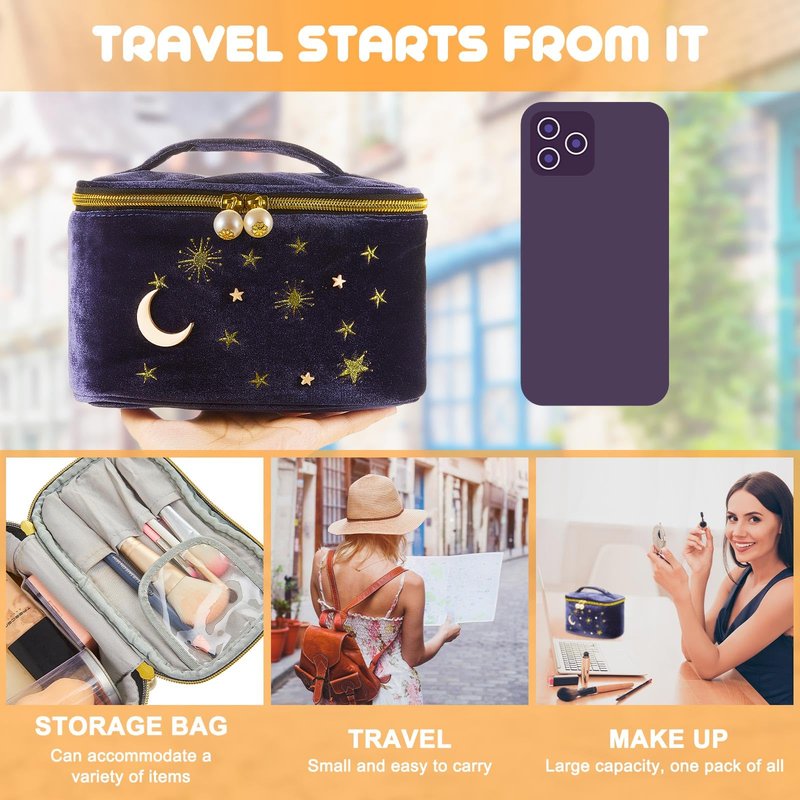Patelai 2 Pcs Velvet Makeup Bag Moon Stars Cosmetic Bags Goth Embroidered Makeup Pouch Portable Travel Starry Pouch Toiletry Wash Bags Cute Storage Clutch Handbags for Women Gifts(Navy Blue)