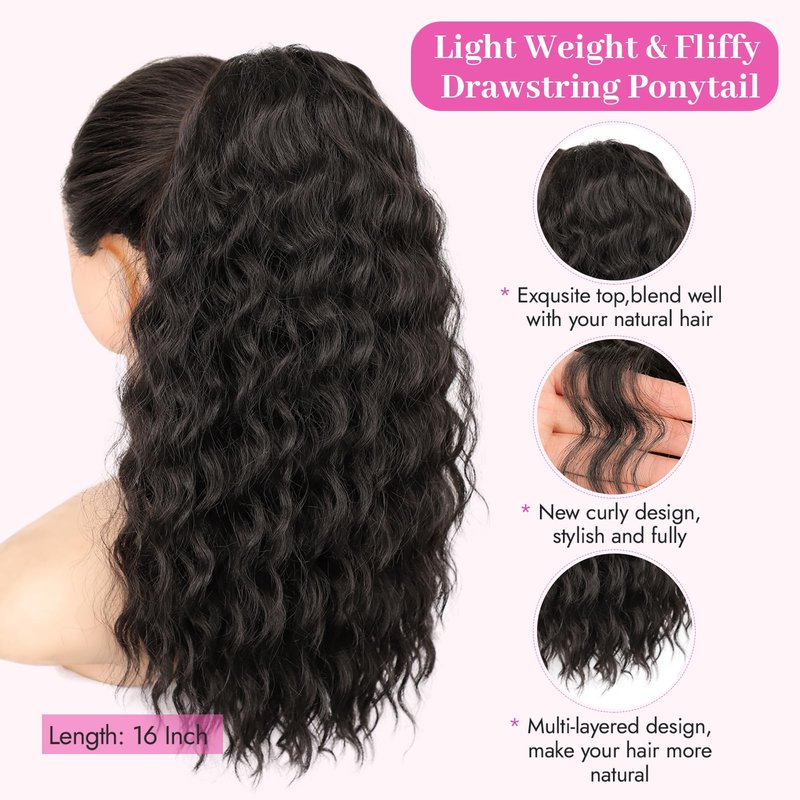 Isaic Culy Ponytail Extension 16 Inch Natural Black Drawstring Ponytail Extension for Women Fluffy Natural Looking Synthetic Hairpiece Long wavy Pony Tails Hair extensions for Daily Use