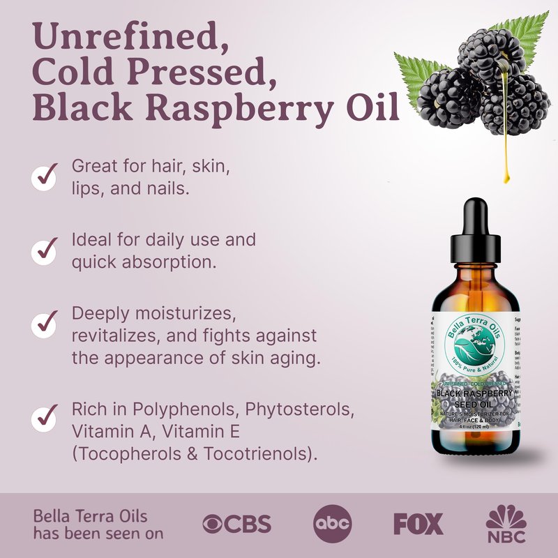 Bella Terra Oils - Black Raspberry Seed Oil 8 oz - Natural Elixir Enhanced with Ellagic Acid & Vitamin A, Cold-Pressed Cosmetic Secret for Radiant Skin