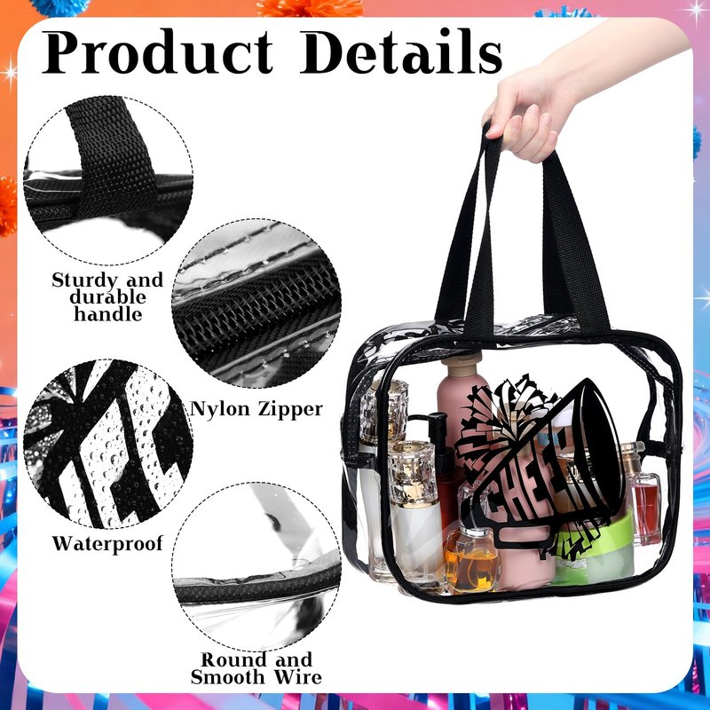 Kacctyen 12 Pcs Cheer Large Clear Toiletry Cosmetic Makeup Bag with Zipper and Handle Cheer Snack Bag Bulk for Team 12 x 9 x 4 Gift Bags Tote Pouch Cheerleading Teammates Party Supplies (Black)