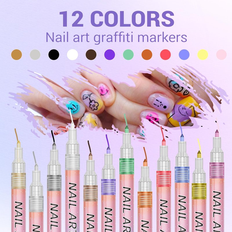 MKNZOME 12 Color Nail Art Pens, 3D 0.7 MM Nail Polish Pens Set Drawing Painting Point Liner Acrylic Painted Pen Kit, Waterproof and Quick-drying Nail for DIY Nails Art Design Manicure Tools