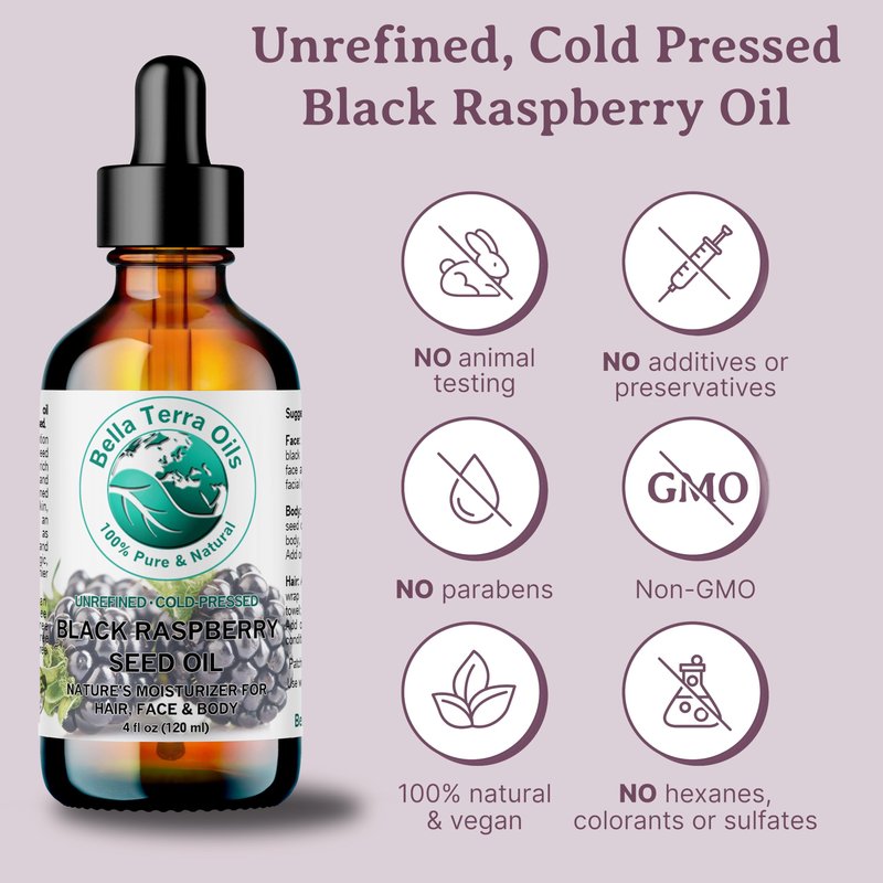 Bella Terra Oils - Black Raspberry Seed Oil 8 oz - Natural Elixir Enhanced with Ellagic Acid & Vitamin A, Cold-Pressed Cosmetic Secret for Radiant Skin